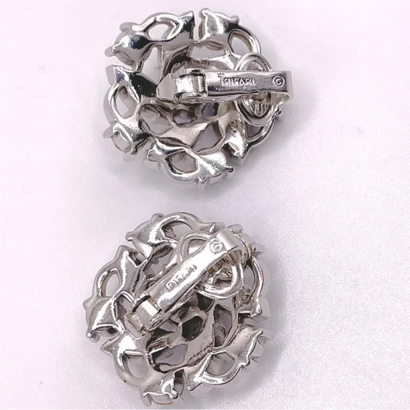 Vintage Crown TRIFARI Silver Tone Rhinestone Clip On Earrings